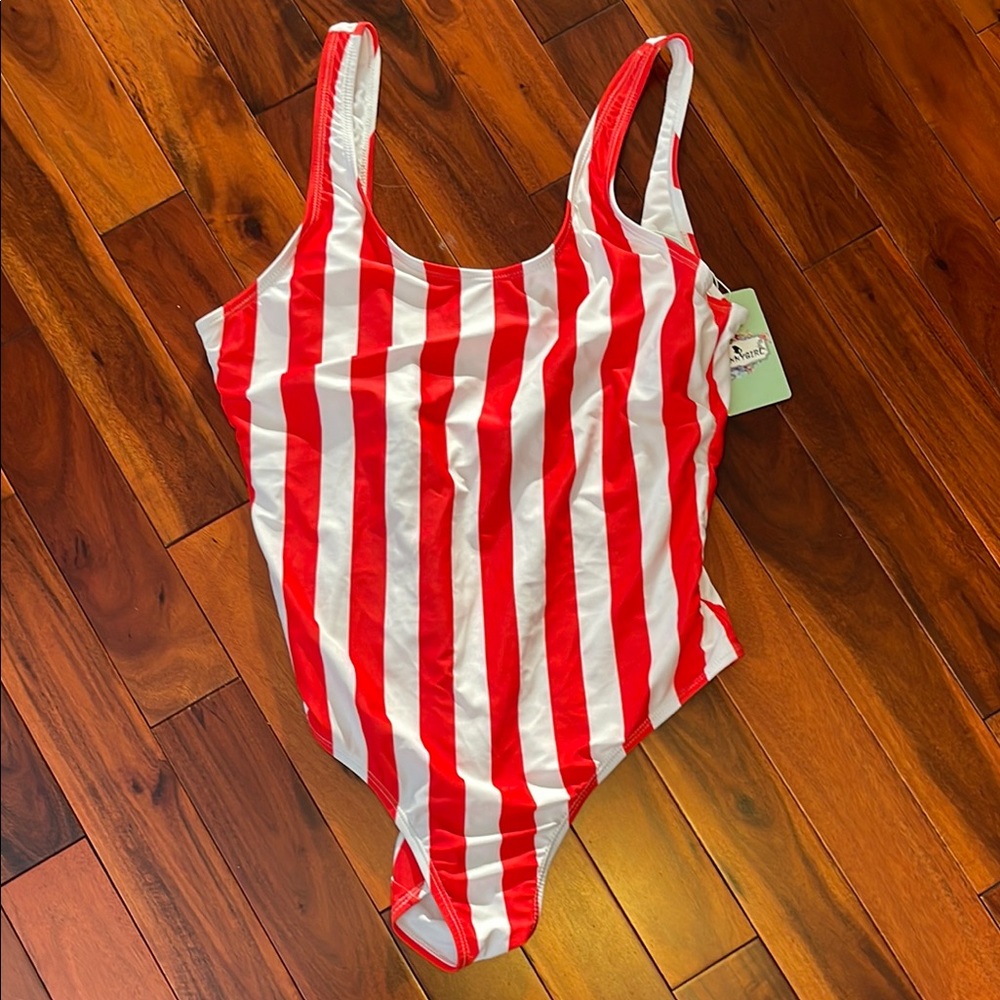 NWT Red and White Striped Size L Swimsuit